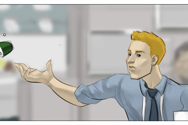 A man throws a coffee pod. Illustrated by ASB Storyboard Artist, Brad, Style: Color storyboard frames, 2D Art for Animatic or Storyboard frames.
