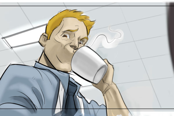 A man drinking coffee, Illustrated by ASB Storyboard Artist, Brad, Style: Color storyboard frames, 2D Art for Animatic or Storyboard frames.