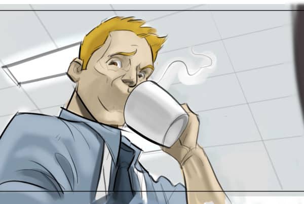 A man drinking coffee, Illustrated by ASB Storyboard Artist, Brad, Style: Color storyboard frames, 2D Art for Animatic or Storyboard frames.