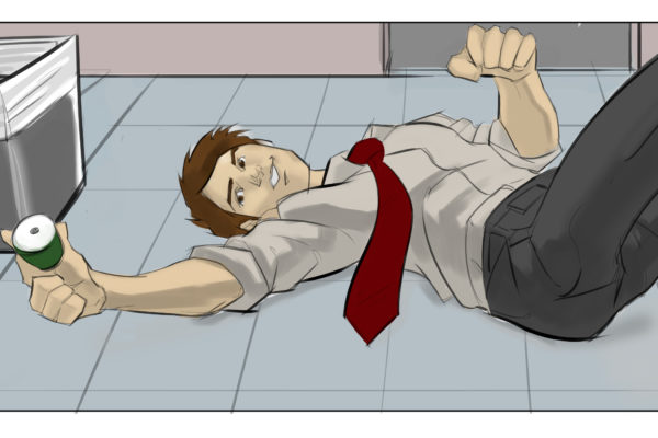A man catches a coffee pod. Illustrated by ASB Storyboard Artist, Brad, Style: Color storyboard frames, 2D Art for Animatic or Storyboard frames.