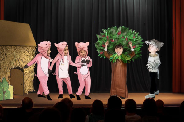 Drei kleine Schweinchen Schulspiel, illustriert von ASB Storyboard Artist, Trevor, Stil: Color Storyboard Frames, 2D Kunst für Animatic oder Storyboard Frames