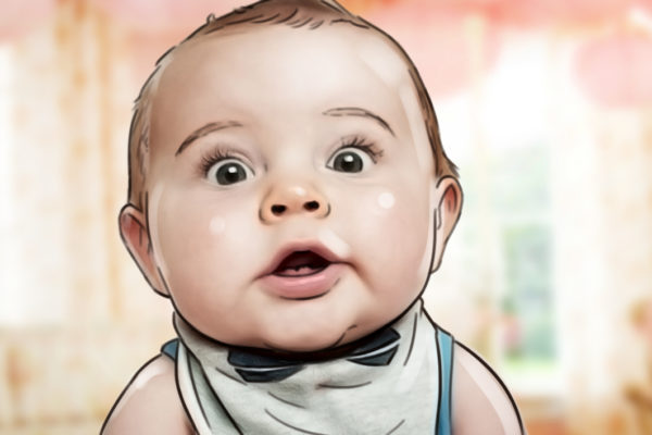 Nahaufnahme von Baby, illustriert von ASB Storyboard Artist, Trevor, Stil: Farbe Storyboard Frames, 2D Kunst für Animatic oder Storyboard Frames
