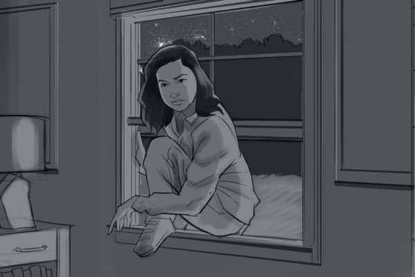 A girl climbing through a bedroom window. Illustrated by ASB Storyboard Artist, Brad, Style: B+W w/ Tone storyboard frames, 2D Art for Animatic or Storyboard frames.