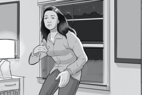 A girl in front of a bedroom window. Illustrated by ASB Storyboard Artist, Brad, Style: B+W w/ Tone storyboard frames, 2D Art for Animatic or Storyboard frames.