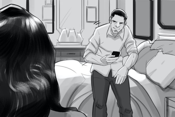 A father waiting for his daughter. Illustrated by ASB Storyboard Artist, Brad, Style: B+W w/ Tone storyboard frames, 2D Art for Animatic or Storyboard frames.