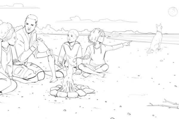 Une famille de quatre personnes autour d'un feu de camp à la plage. La petite fille montre du doigt leur chien qui regarde la lune. Illustré par Alex H., Storyboard Artist d'ASB, Style : cadre de storyboard en noir et blanc, 2D Art for Animatic or Storyboard frames
