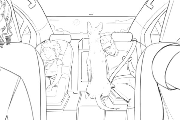 L'intérieur d'une voiture avec les deux enfants endormis à l'arrière tandis que leur chien fait face au coffre pour regarder par la fenêtre arrière, illustré par l'artiste ASB Storyboard, Alex H., Style : cadre de storyboard en noir et blanc, 2D Art pour Animatic or Storyboard frames