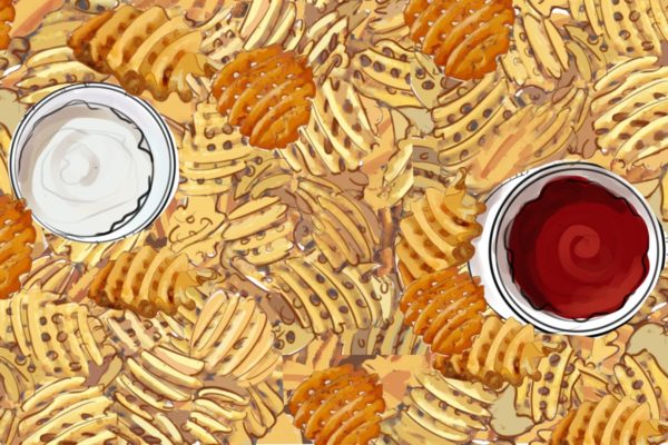 A color illustration of waffle fries and dipping sauces.