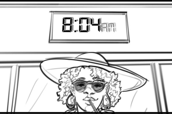 午前8時4分、飲み物を口にする女性。イラストレーター：ASBストーリーボードアーティスト、ブライアン、スタイル：モノクロストーリーボードフレーム、アニマティックまたはストーリーボードフレーム用2Dアート。