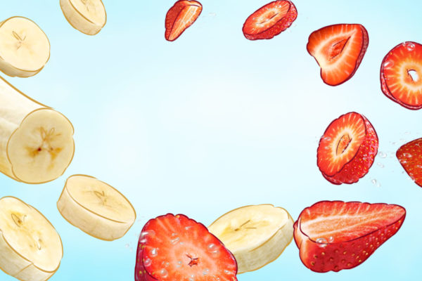草莓和香蕉食品演示，由 ASB 故事板艺术家 Trevor 绘制，风格：彩色故事板框架，用于动画或故事板框架的 2D 艺术