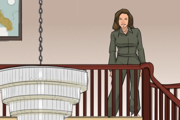 A woman standing at the top of her stairs. Illustrated by ASB Storyboard Artist, Brad, Style: Color storyboard frames, 2D Art for Animatic or Storyboard frames