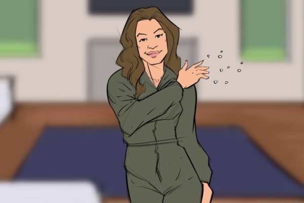 A woman brushing her shoulder off. Illustrated by ASB Storyboard Artist, Brad, Style: Color storyboard frames, 2D Art for Animatic or Storyboard frames