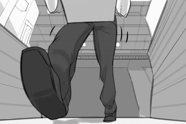 Someone walking while holding a box. Illustrated by ASB Storyboard Artist, Brad, Style: B+W w/ Tone storyboard frames, 2D Art for Animatic or Storyboard frames.