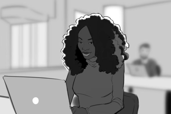 A woman using a laptop. Illustrated by ASB Storyboard Artist, Brad, Style: B+W w/ Tone storyboard frames, 2D Art for Animatic or Storyboard frames.