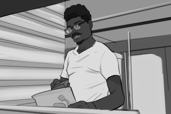 A man working. Illustrated by ASB Storyboard Artist, Brad, Style: B+W w/ Tone storyboard frames, 2D Art for Animatic or Storyboard frames.