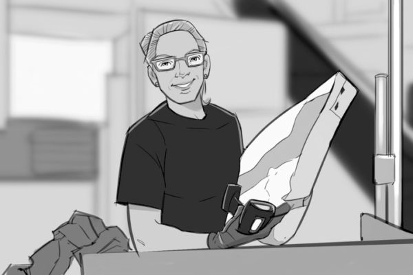 A woman working. Illustrated by ASB Storyboard Artist, Brad, Style: B+W w/ Tone storyboard frames, 2D Art for Animatic or Storyboard frames.
