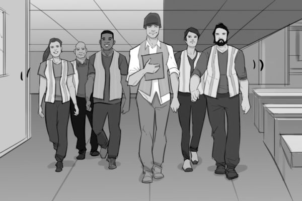 Six people walking together. Illustrated by ASB Storyboard Artist, Brad, Style: B+W w/ Tone storyboard frames, 2D Art for Animatic or Storyboard frames.