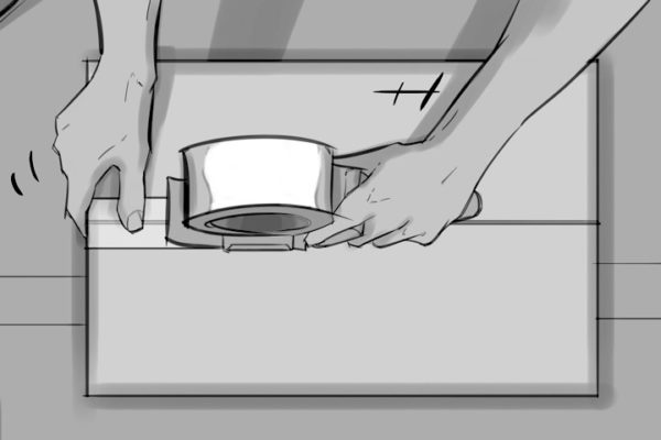 A hand taping a box. Illustrated by ASB Storyboard Artist, Brad, Style: B+W w/ Tone storyboard frames, 2D Art for Animatic or Storyboard frames.