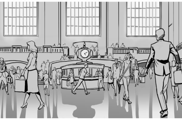 Grand Central Station, ilustrado por el artista de guiones gráficos de ASB, Ryan, Estilo: Líneas en blanco y negro con tono, arte 2D para marcos animáticos o de guión gráfico