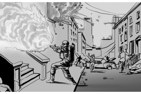 Vigili del fuoco in città, illustrato dallo Storyboard Artist di ASB, Ryan, stile: Linee in bianco e nero con toni, arte 2D per cornici animate o storyboard