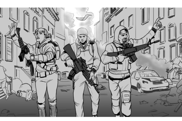 Combattenti con armi, illustrato dallo Storyboard Artist di ASB, Ryan, stile: Linee in bianco e nero con toni, arte 2D per fotogrammi animati o storyboard