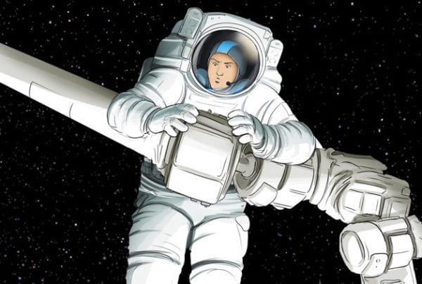 Astronaut in space, Illustrated by ASB Storyboard Artist, Trevor, Style: Color Storyboard Frames, 2D Art for Animatic or Storyboard frames