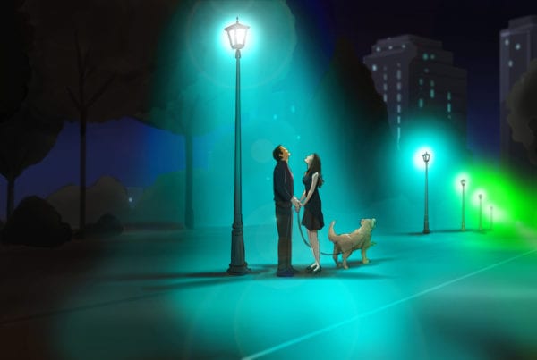 站在夜晚的街灯下，由 ASB 故事板艺术家 Trevor 绘制，风格：彩色故事板框架，用于动画或故事板框架的 2D 艺术