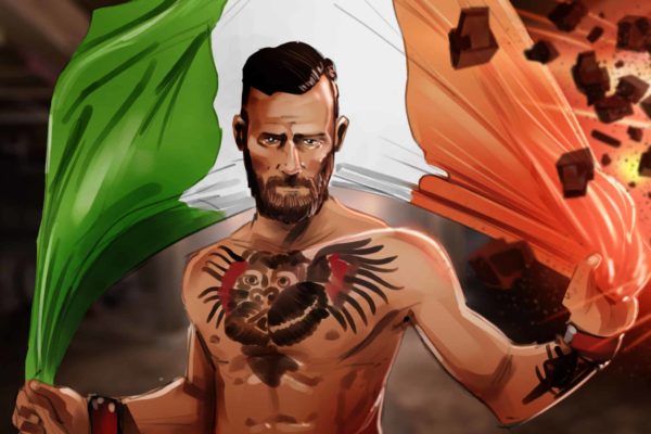 Un boxeur tient le drapeau de son pays. Illustré par l&#039;artiste du storyboard ASB, Alex H., Style : cadre de couleur, Art 2D pour les cadres d&#039;animation ou de storyboard.