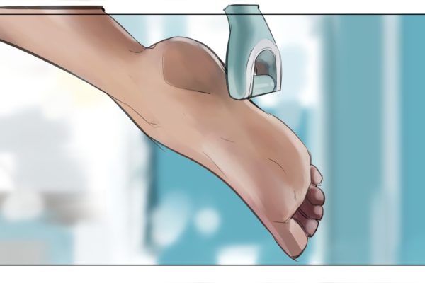 A foot. Illustrated by ASB Storyboard Artist, Brad, Style: Color storyboard frames, 2D Art for Animatic or Storyboard frames.