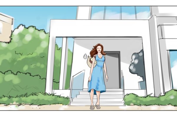 A woman in a dress in front of a beach house. Illustrated by ASB Storyboard Artist, Brad, Style: Color storyboard frames, 2D Art for Animatic or Storyboard frames.