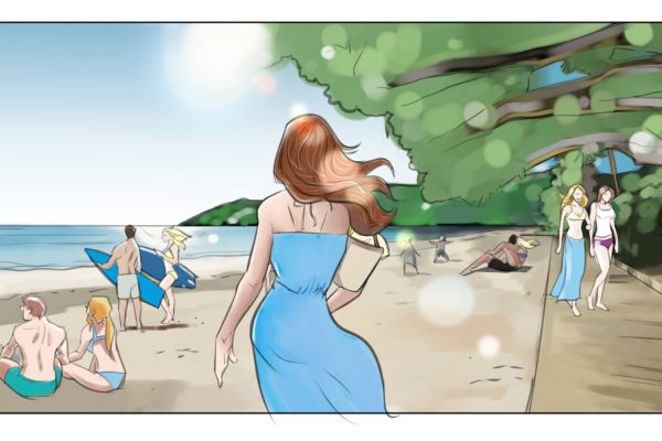 A woman walking on the beach. Illustrated by ASB Storyboard Artist, Brad, Style: Color storyboard frames, 2D Art for Animatic or Storyboard frames.