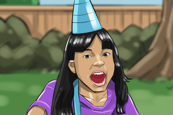 A little girl yelling in surprise. Illustrated by ASB Storyboard Artist, Brad, Style: Color storyboard frames, 2D Art for Animatic or Storyboard frames.