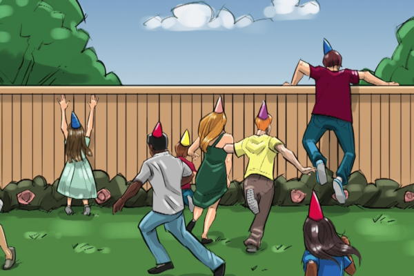 Kids and a few adults at a birthday party running. Illustrated by ASB Storyboard Artist, Brad, Style: Color storyboard frames, 2D Art for Animatic or Storyboard frames.