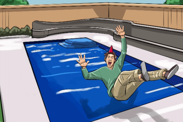 A man falls into a pool. Illustrated by ASB Storyboard Artist, Brad, Style: Color storyboard frames, 2D Art for Animatic or Storyboard frames.