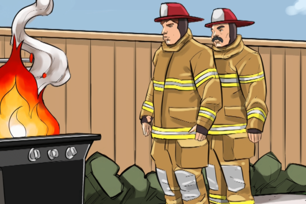 Two firemen look at a grill on fire. Illustrated by ASB Storyboard Artist, Brad, Style: Color storyboard frames, 2D Art for Animatic or Storyboard frames.