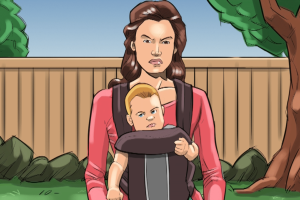 An angry wife and her baby. Illustrated by ASB Storyboard Artist, Brad, Style: Color storyboard frames, 2D Art for Animatic or Storyboard frames.