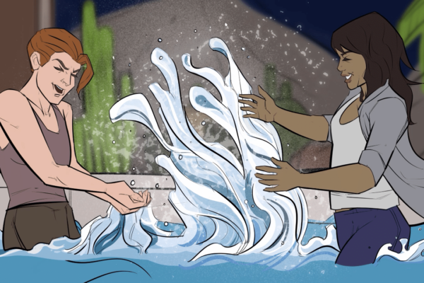 Two women splashing each other in a pool. Illustrated by ASB Storyboard Artist, Brad, Style: Color storyboard frames, 2D Art for Animatic or Storyboard frames.