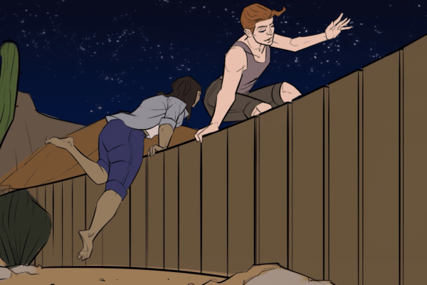 Two women climbing over a fence. Illustrated by ASB Storyboard Artist, Brad, Style: Color storyboard frames, 2D Art for Animatic or Storyboard frames.