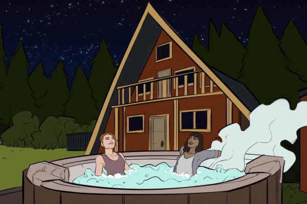 Two women in a hot tub. Illustrated by ASB Storyboard Artist, Brad, Style: Color storyboard frames, 2D Art for Animatic or Storyboard frames.