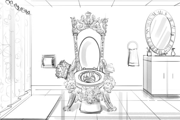 A clean black and white sketch of a dirty toilet throne in a bathroom.