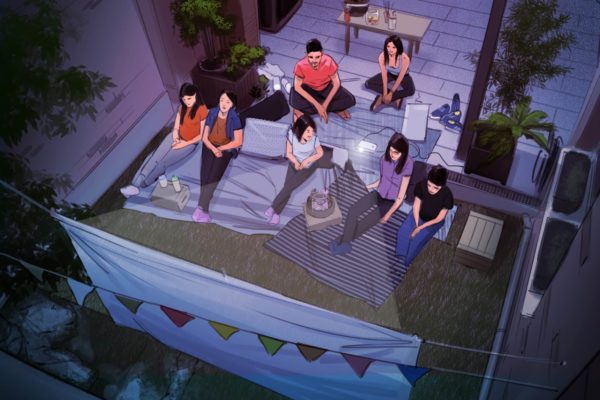 Une prise de vue aérienne d'une grande famille profitant d'une soirée cinéma avec un projecteur connecté à un ordinateur portable dans leur arrière-cour. Illustré par Alex H., Storyboard Artist d'ASB, Style : color frame, 2D Art for Animatic or Storyboard frames.