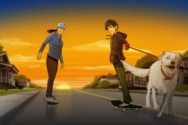 Deux personnes font du skateboard. L'un des skateurs est tiré par un chien. Illustré par l'artiste du storyboard ASB, Alex H., Style : color frame, 2D Art for Animatic or Storyboard frames.