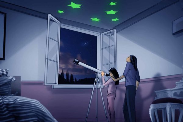 Une mère et sa fille observent les étoiles avec un télescope depuis la fenêtre de sa chambre. Des étoiles autocollantes phosphorescentes se trouvent au plafond. Illustré par Alex H., artiste du storyboard de l'ASB. Style : cadre de couleur, art 2D pour les cadres d'animation ou de storyboard.
