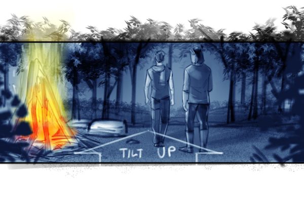 Deux hommes s'éloignant d'un feu de camp. Illustré par Alex H., Storyboard Artist de l'ASB, Style : color frame, 2D Art for Animatic or Storyboard frames.