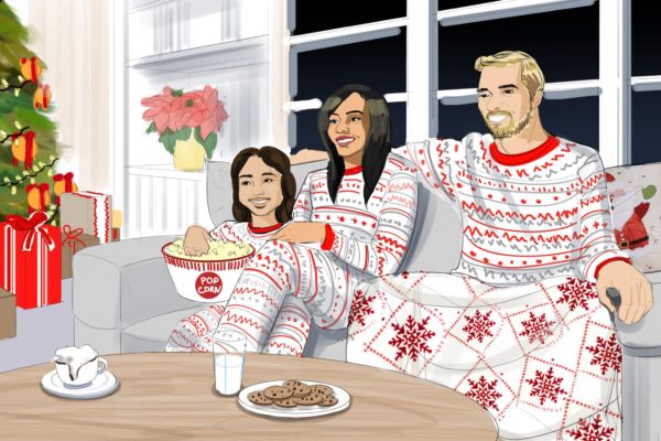 A color illustration of a family gathered on a couch with a bucket of popcorn during the holiday season.