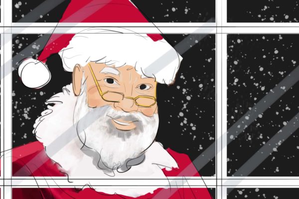 A color illustration of Santa looking through a window.