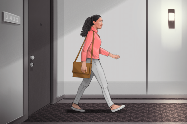 Une femme dans le couloir après avoir quitté son appartement. Illustré par l'artiste du storyboard ASB, Alex H., Style : cadre de couleur, Art 2D pour les cadres d'animation ou de storyboard.