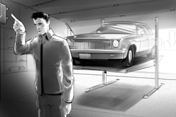 Homme dans un parking. Illustré par ASB Storyboard Artist, Alex H., Style : noir et blanc ton storyboard frame, 2D Art for Animatic or Storyboard frames.