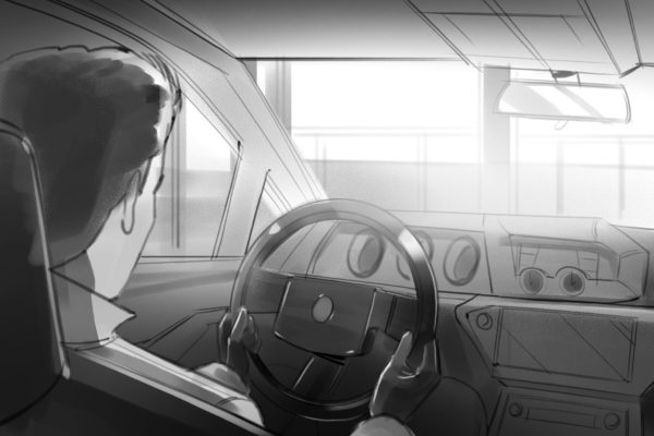 Homme à l'intérieur d'une voiture. Illustré par ASB Storyboard Artist, Alex H., Style : noir et blanc ton storyboard frame, 2D Art for Animatic or Storyboard frames.