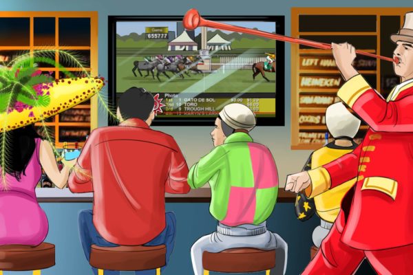 A color illustration of four people watching horse racing at a bar while a man blows a horn behind them.